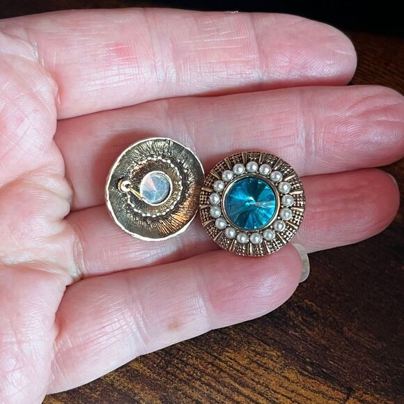 Silver-Tone Blue Rhinestones Faux Pearl Stud Earrings NWOT 1.3/4" - Picture 4 of 4